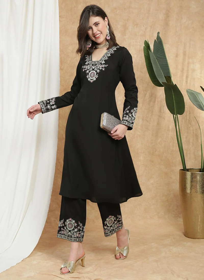 globus Globus Women Black V-Neck Long Sleeves Sequin Zari Embroidered A-Line Kurta With Pant Festive Set